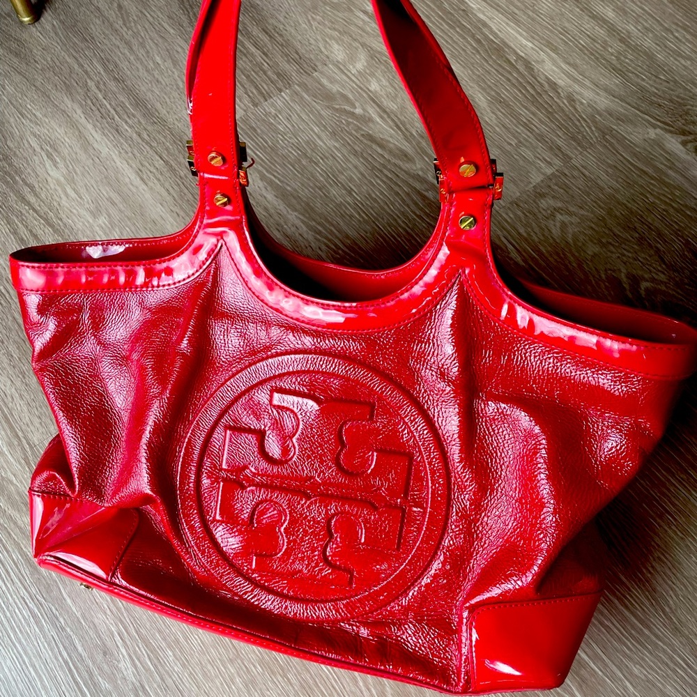 Tory Burch red patent leather tote